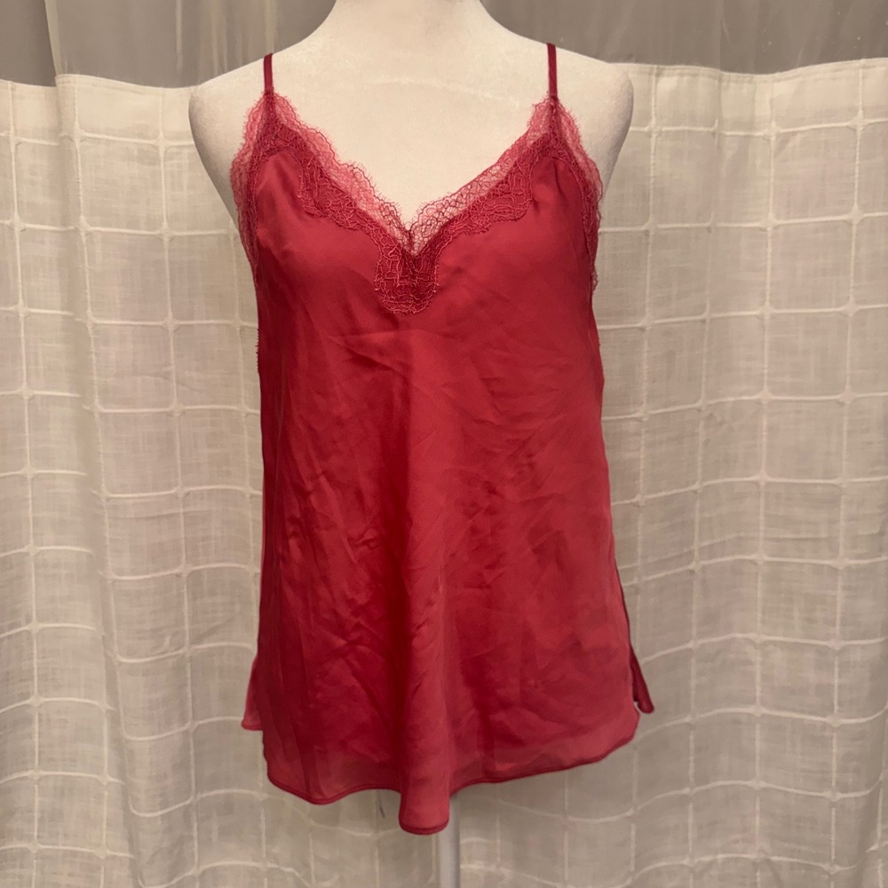 Victoria's Secret Red Lace Trim Satin Cami Tank Top Size M Low Back Adjustable